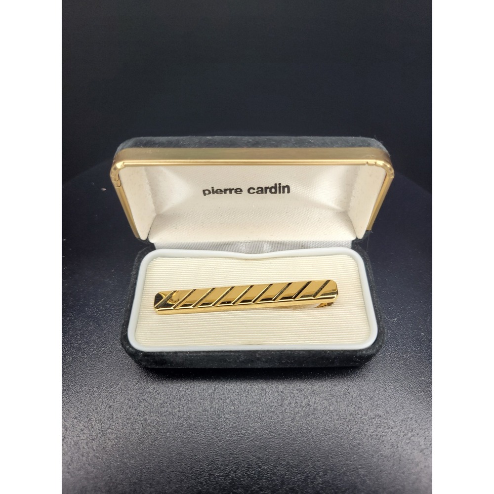 Pierre Cardin Tie Clip Gold Tone Diagonal Striped Design with Box Excellent